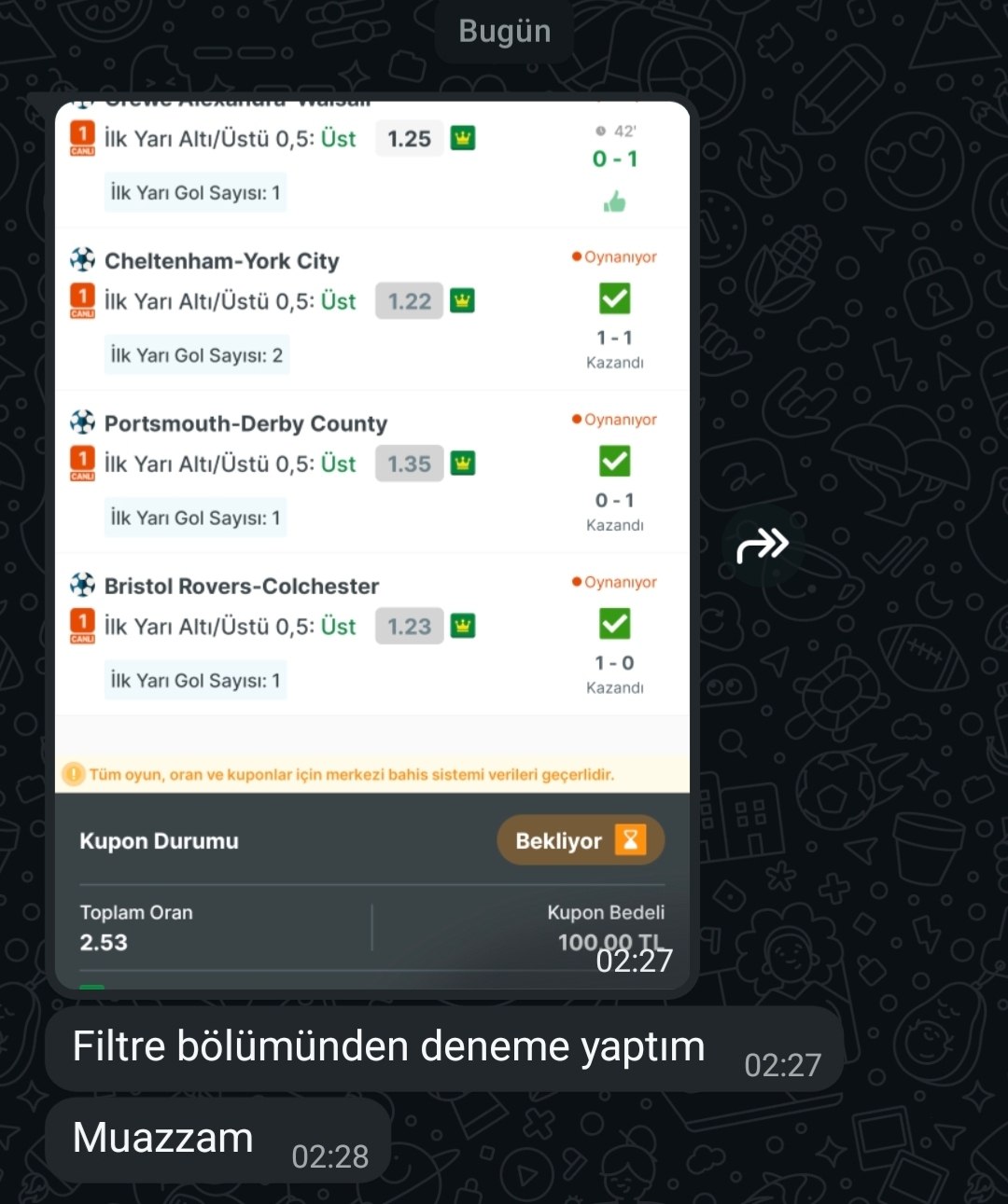 Üyemizin paylaştığı kazanan kupon görseli
