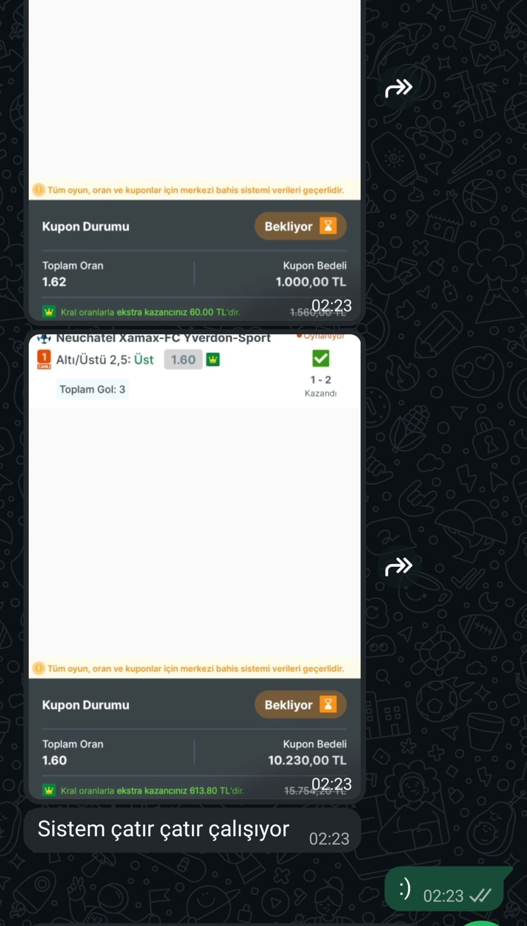 Üyemizin paylaştığı kazanan kupon görseli