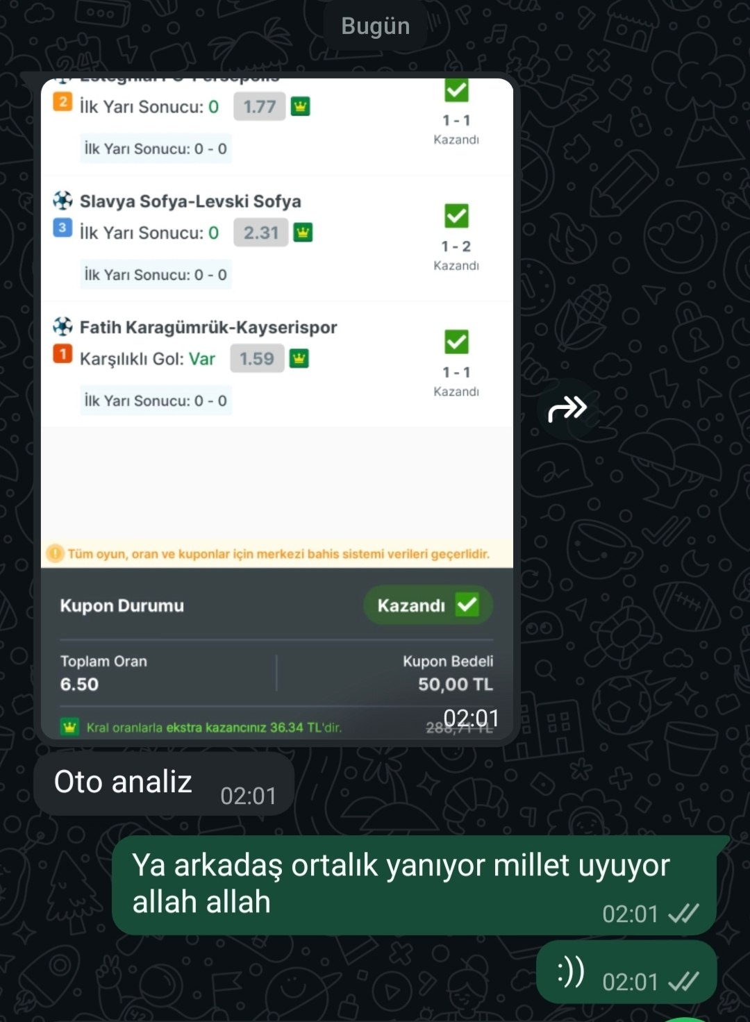Üyemizin paylaştığı kazanan kupon görseli