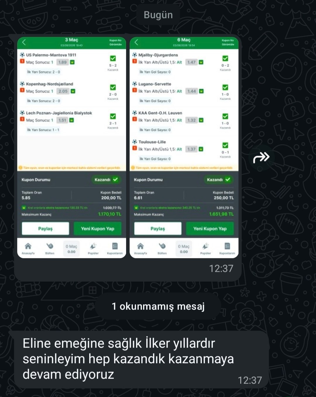 Üyemizin paylaştığı kazanan kupon görseli
