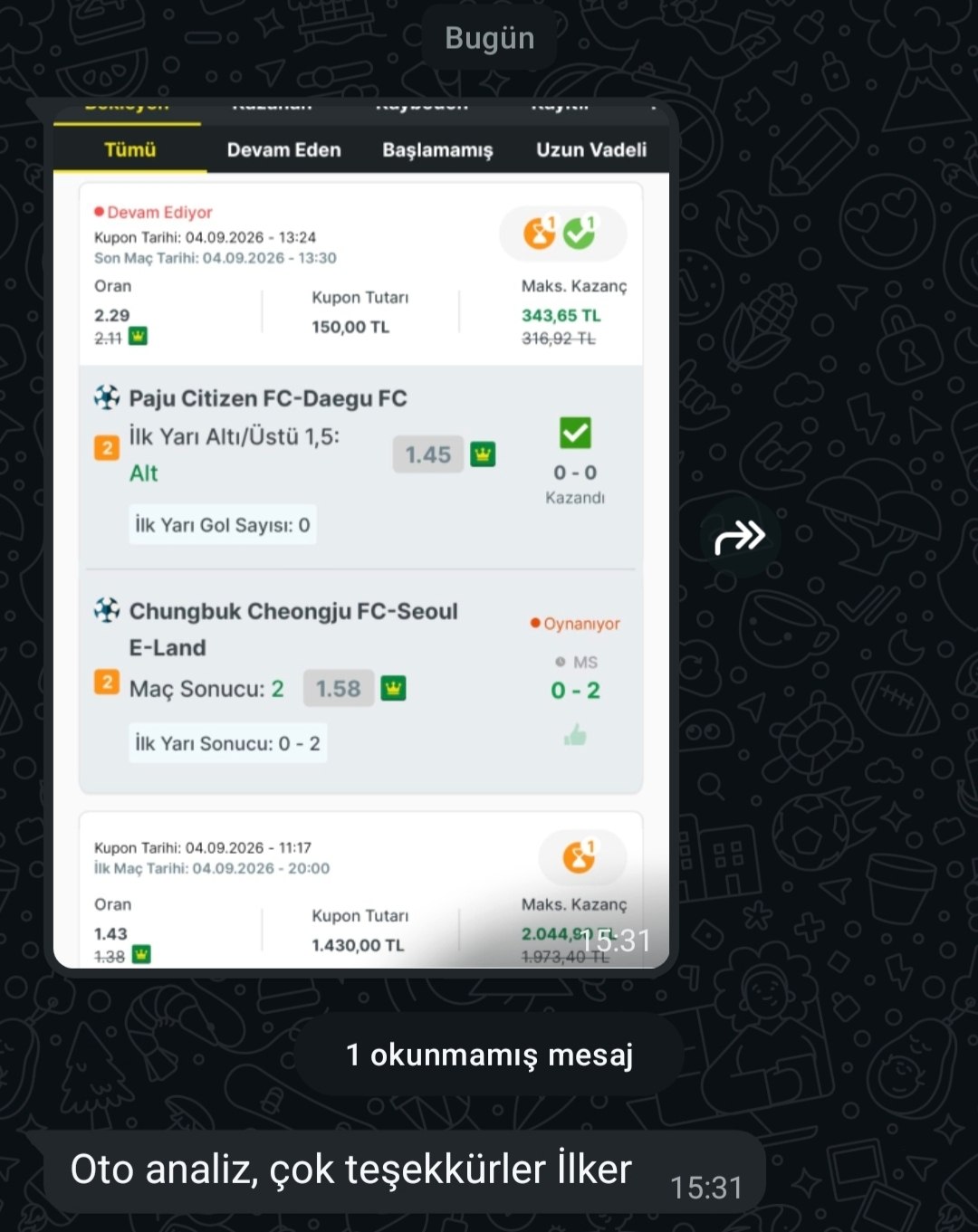 Üyemizin paylaştığı kazanan kupon görseli