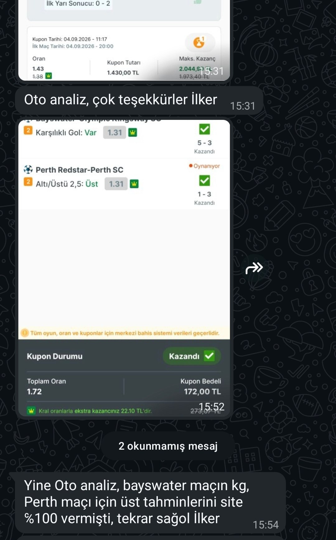 Üyemizin paylaştığı kazanan kupon görseli