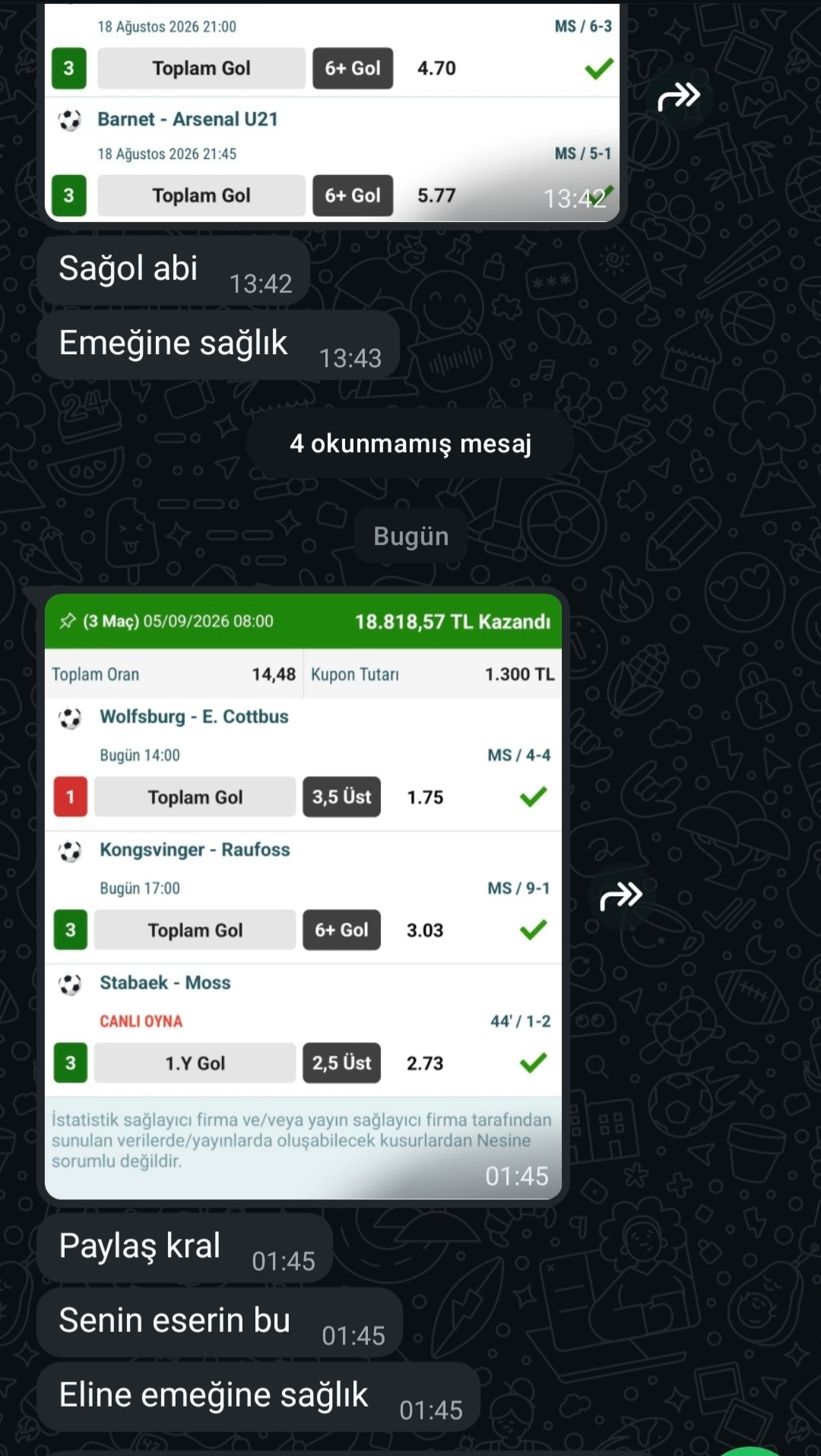 Üyemizin paylaştığı kazanan kupon görseli