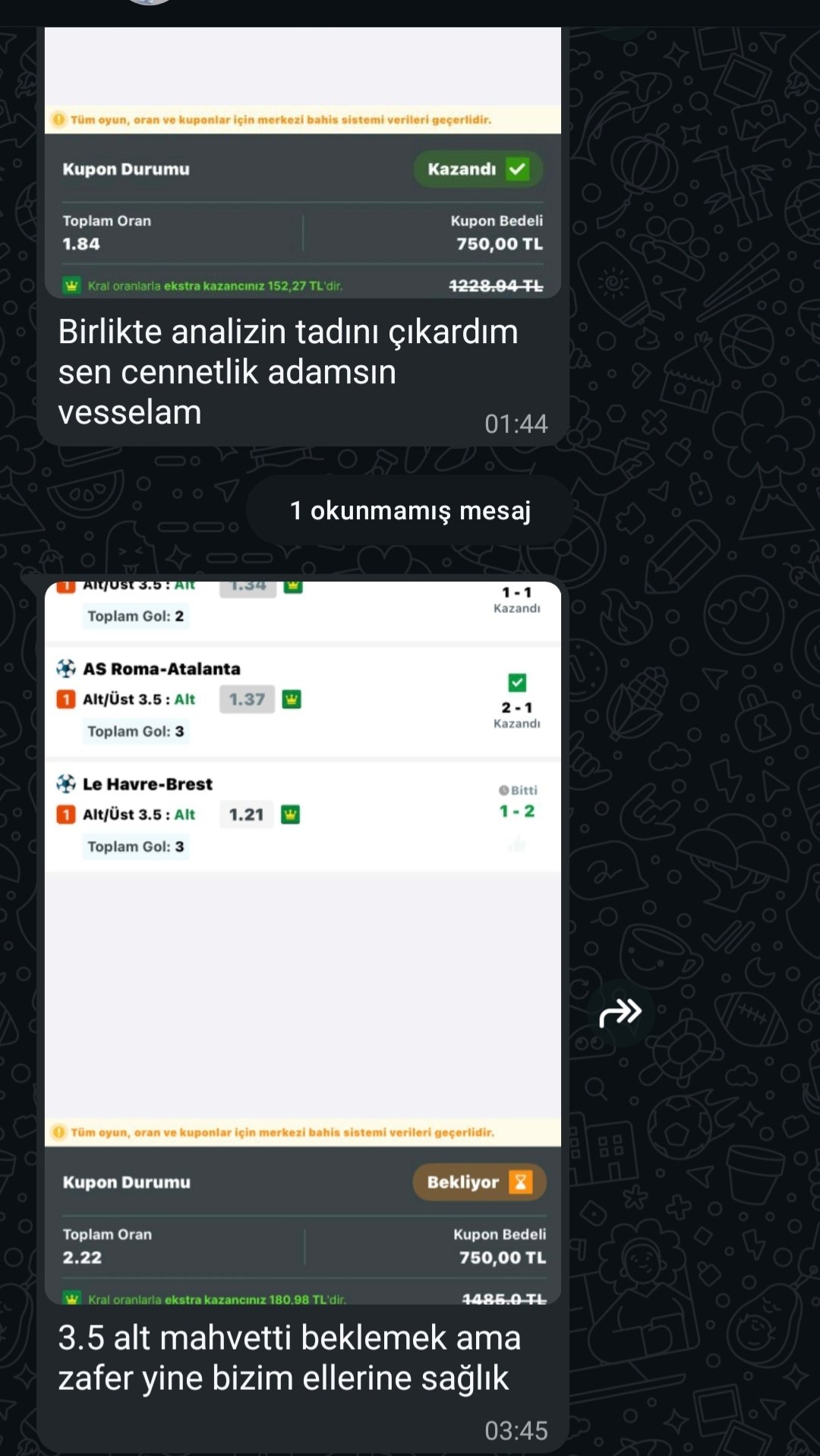 Üyemizin paylaştığı kazanan kupon görseli
