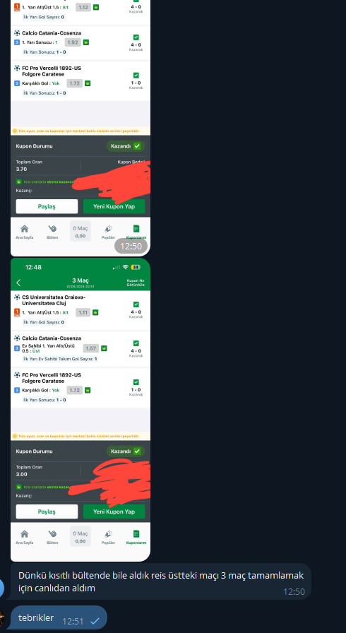 Üyemizin paylaştığı kazanan kupon görseli
