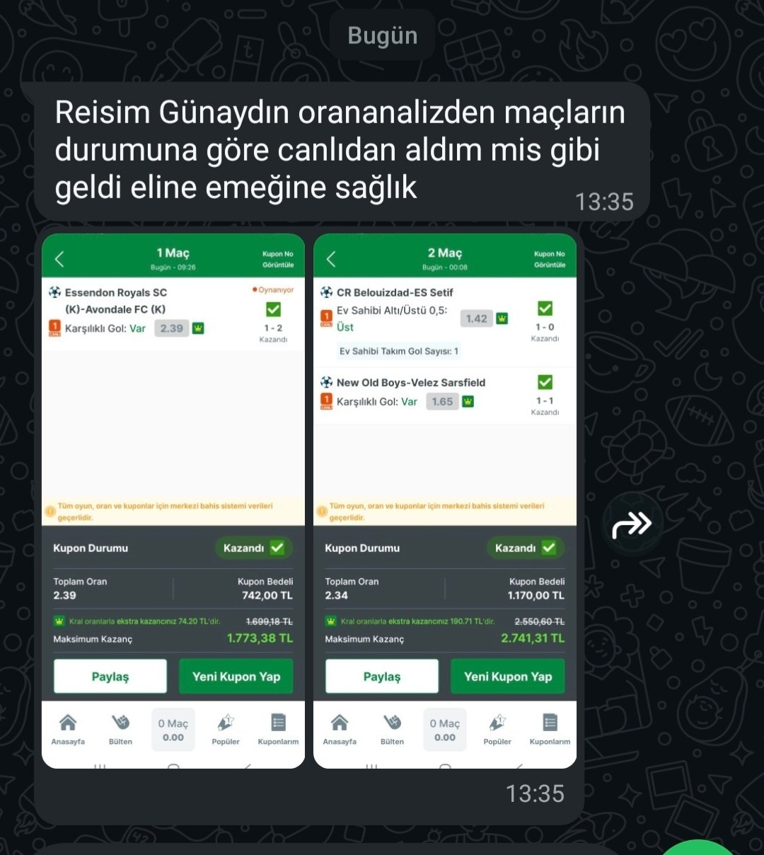 Üyemizin paylaştığı kazanan kupon görseli