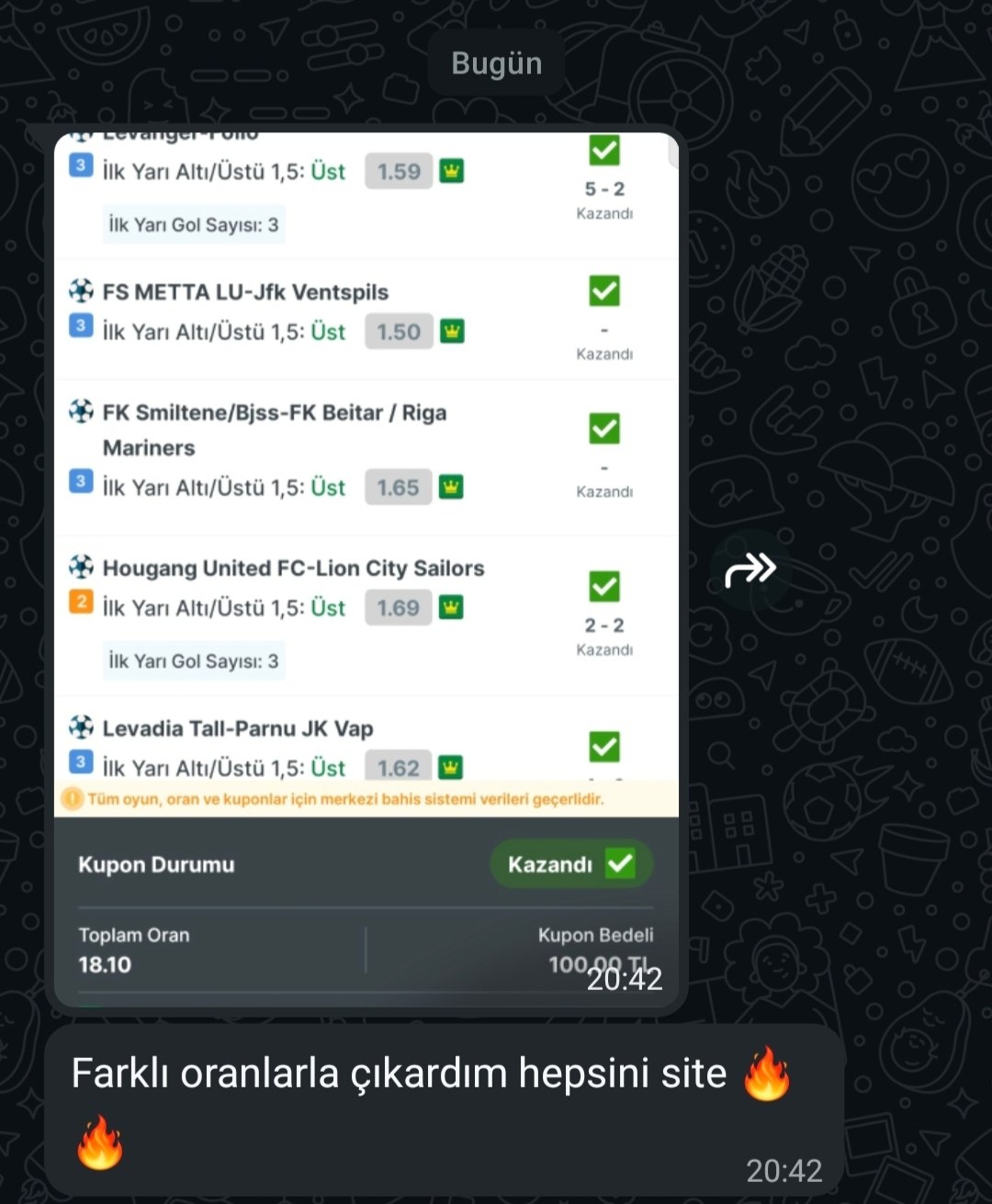 Üyemizin paylaştığı kazanan kupon görseli